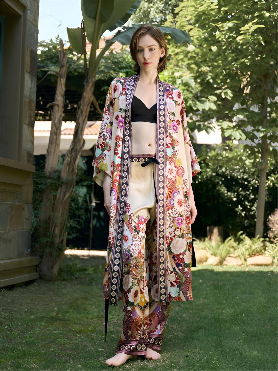 Enchanted Garden Silk Belted Wrap Womens Robe