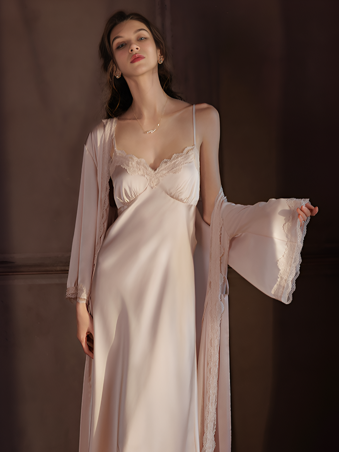 Whispering Willow Spaghetti Strap Long Silk Nightgown/Dress